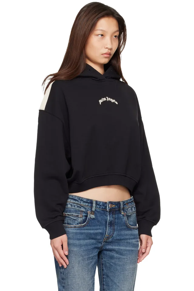 Palm Angels Black Curved Logo Loose Crop Hoodie, photo 2 of 4 from SSENSE