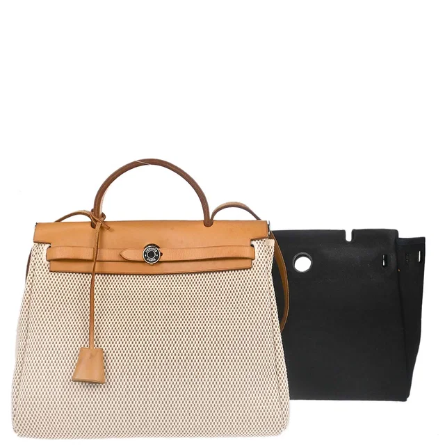 Hermès Beige Black Toile GM Officier Herbag PM 2 in 1 Shoulder Handbag in Black Leather from AMORE Vintage Tokyo