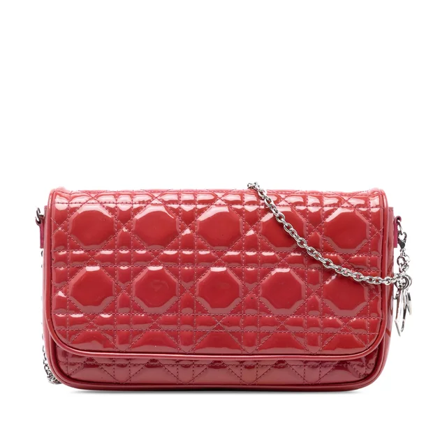 Red Dior Patent Cannage Lady Dior Wallet On Chain Crossbody Bag in Red Patent leather from Designer Revival