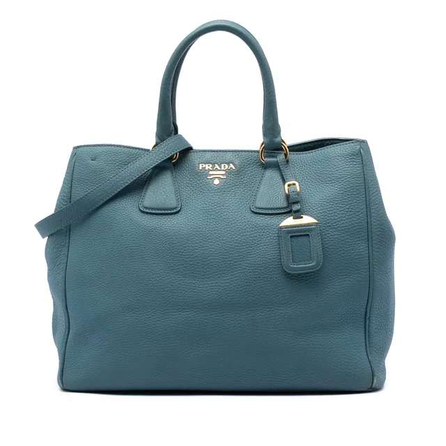 Blue Prada Vitello Daino Open Convertible Tote Satchel in Blue Leather from Designer Revival