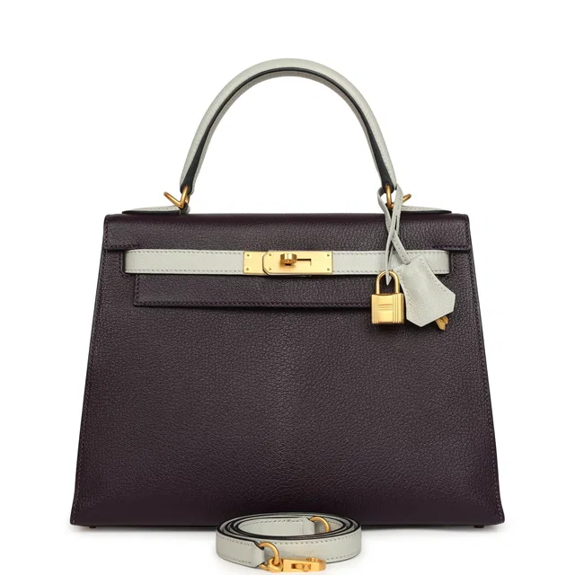 Hermès Special Order (HSS) Kelly Sellier 28 Raisin, Gris Perle Chevre Brushed Gold Hardware in Grey Goatskin from Madison Avenue Couture