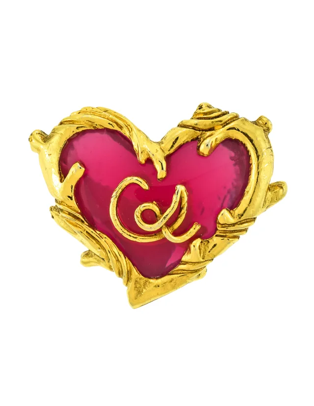 Christian Lacroix Vintage Golden Branch Framed Logo Hot Pink Glass Heart Brooch Pin in Pink from Amarcord Vintage Fashion