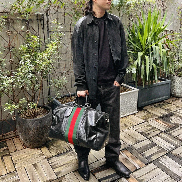 Gucci GG Imprimé Sherry Line Boston Bag Black in Black from VINTAGE QOO TOKYO