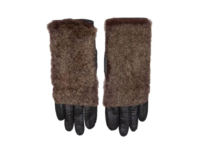 Brown & Black Chanel Fur & Leather Gloves Size 6.5 in Black Leather from Designer Revival