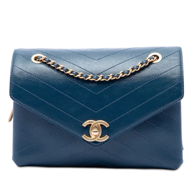 Blue Chanel Small Chevron Lambskin Stitched Envelope Flap Shoulder Bag in Blue Lambskin from Designer Revival