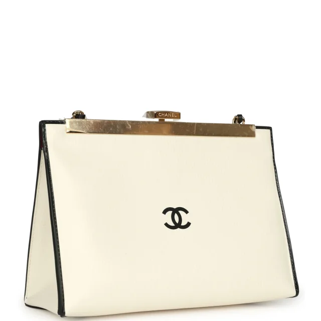 Chanel "Shop By Night" Clutch Bag White, Black Printed Calfskin Gold Hardware in Black Calfskin from Madison Avenue Couture, photo 2 of 9