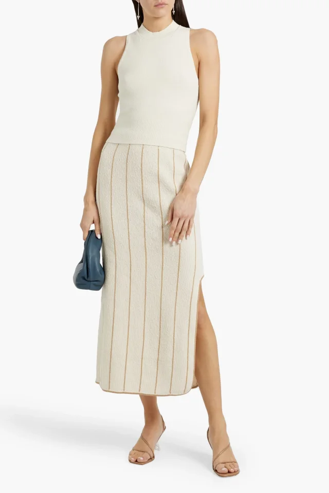 By Malene Birger Hercula Striped Ribbed-Knit Midi Skirt in White, photo 2 of 4 from THE OUTNET
