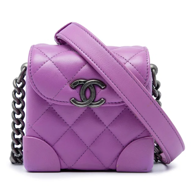 Purple Chanel Mini CC Quilted Lambskin Trunk Like Box Crossbody in Purple Lambskin from Designer Revival