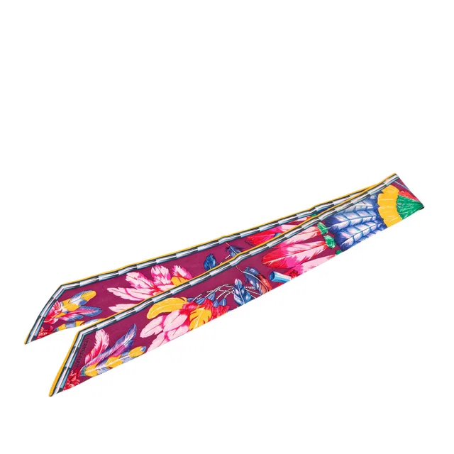 Purple Hermès Brazil Feather Silk Twilly Scarf Scarves in Purple Silk from Designer Revival