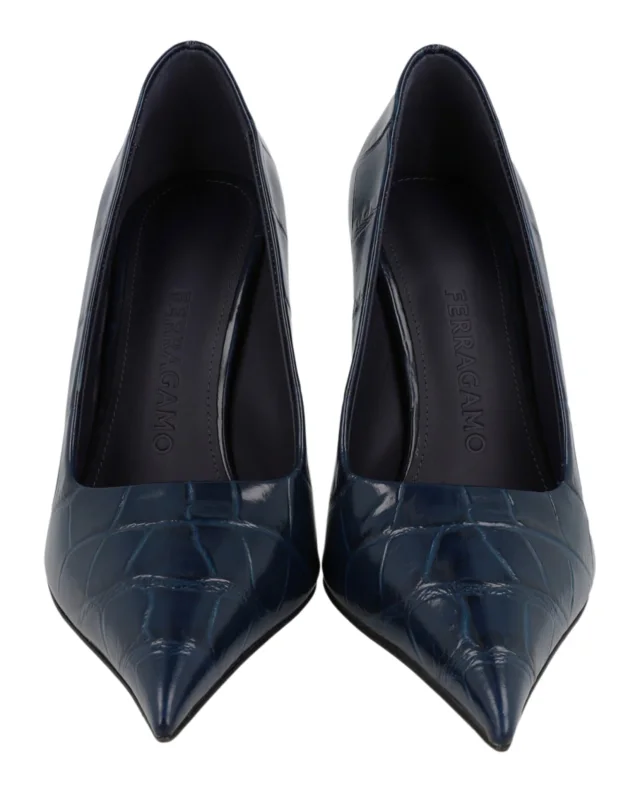 Salvatore Ferragamo Eva X5 Croc Embossed Pumps in blue, photo 5 of 6 from ShopSimon