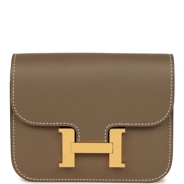 Hermès Constance Slim Compact Wallet Etoupe Evercolor Gold Hardware in Taupe Goatskin from Madison Avenue Couture