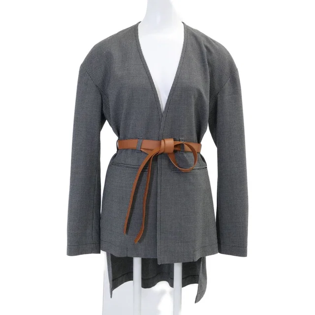 Loewe Gray Wool Houndstooth Pattern Belt Collarless Jacket 32 in Grey Wool from The Reluxe