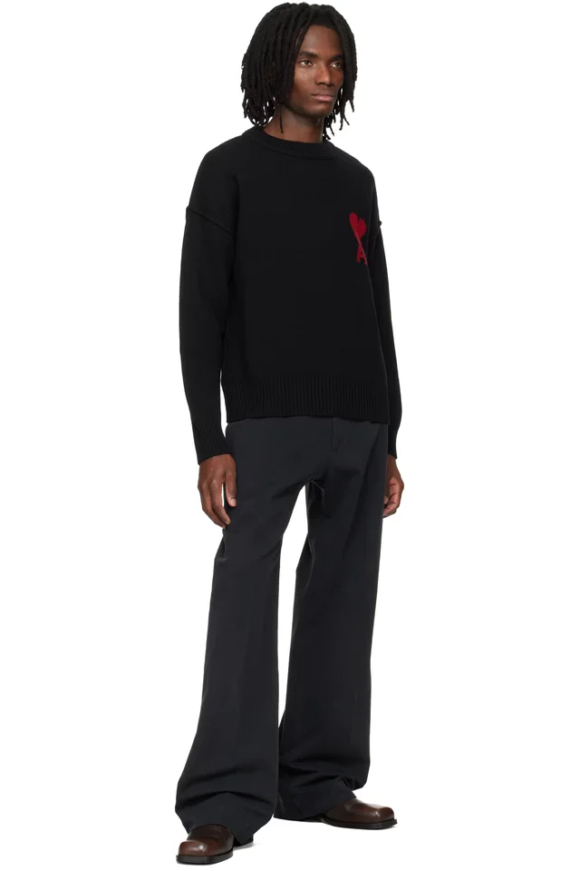 AMI Paris Black Wool Contrasted Ami de Coeur Crewneck Sweater, photo 4 of 4 from SSENSE