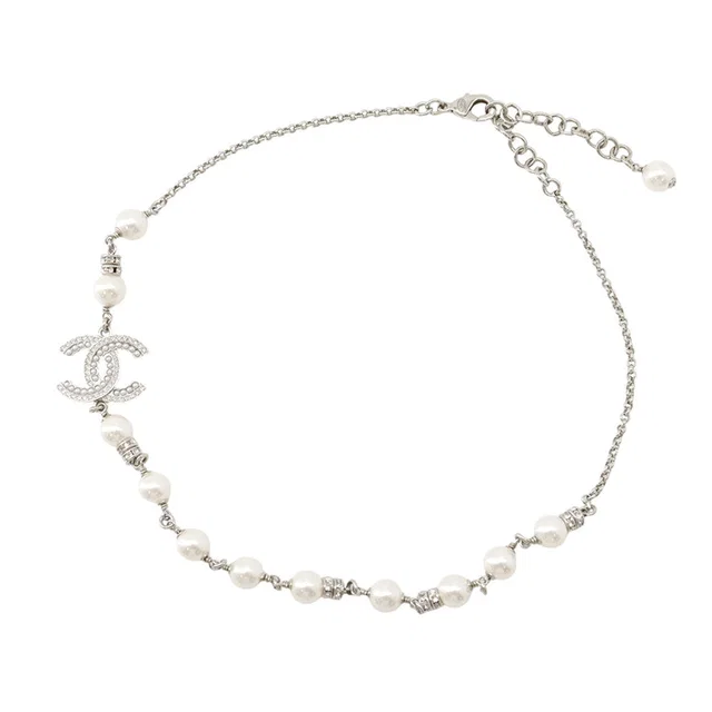 Chanel CC Logo Faux PearlNecklace Gold Plated Rhinestone Faux Pearl in Gold from GALLERY RARE