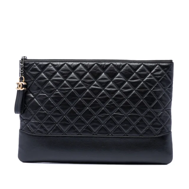 Black Chanel Large Aged Calfskin Gabrielle O Case Clutch in Black Calfskin from Designer Revival