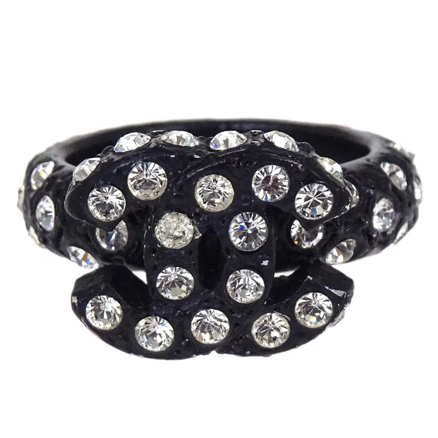 Chanel Ring Acrylic Rhinestone CC Black #52 02A in Black Resin from AMORE Vintage Tokyo