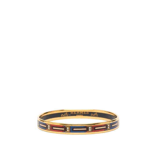 Black Hermès Narrow Belt Print Enamel Bangle 62 Costume Bracelet in Black from Designer Revival