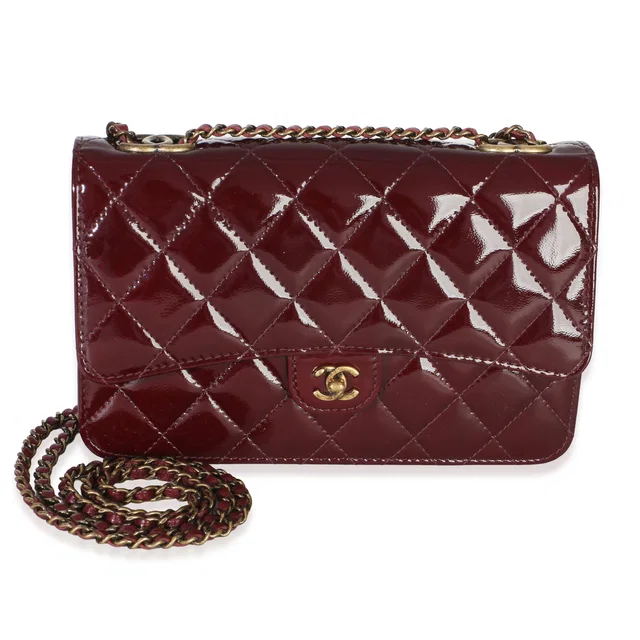 Chanel Burgundy Quilted Patent Goatskin CC Eyelet Wallet On Chain in Burgundy Goatskin from myGemma