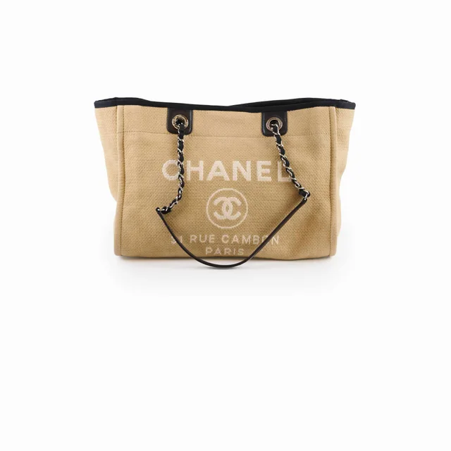 Chanel Deauville Tote PM Sand/Black in Black Canvas from The Purse Affair