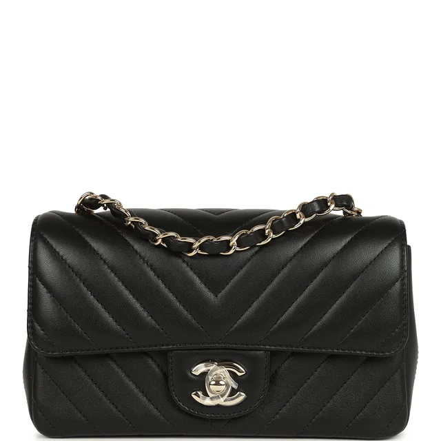 Chanel Mini Chevron Classic Rectangular Flap Bag Black Lambskin Light Gold Hardware in Black Lambskin from Madison Avenue Couture