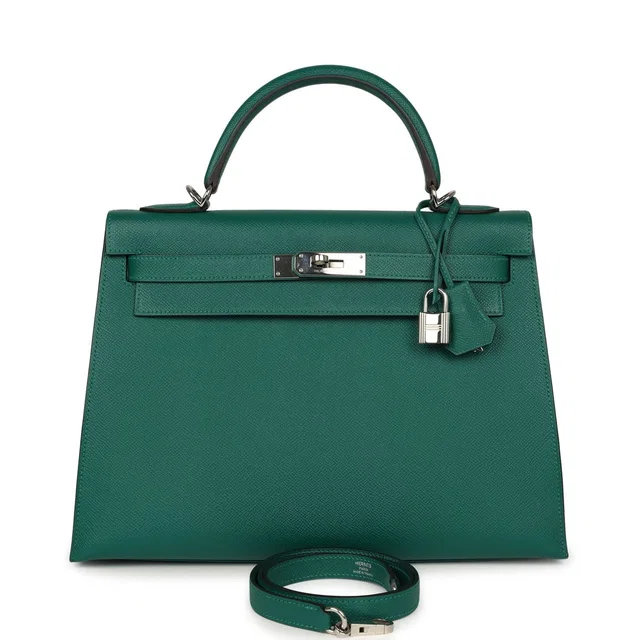 Hermès Kelly Sellier 32 Malachite Epsom Palladium Hardware in Epsom leather from Madison Avenue Couture