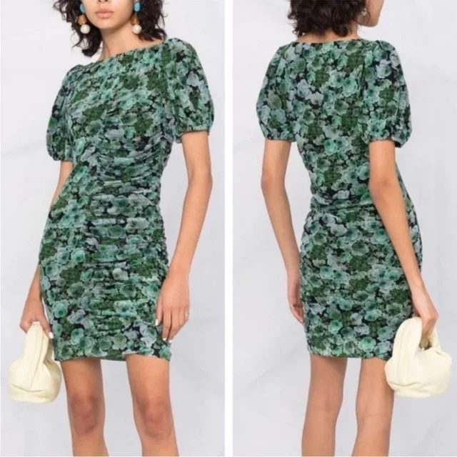 GANNI Printed Mesh Ruched Mini Dress In Green Eu 34 in green|black from Poshmark