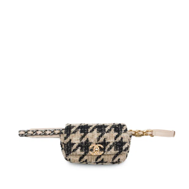 Beige Chanel Houndstooth Tweed 19 Belt Bag in Beige Tweed from Designer Revival