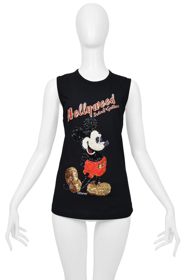 Dolce & Gabbana Black "Hollywood" Tank Top W Sequin Mickey Mouse in Black from Resurrection Vintage