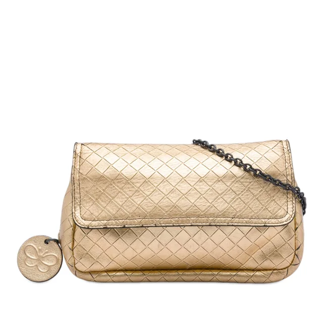 Gold Bottega Veneta Nappa Intrecciomirage Chain Flap Crossbody in Gold Nappa leather from Designer Revival
