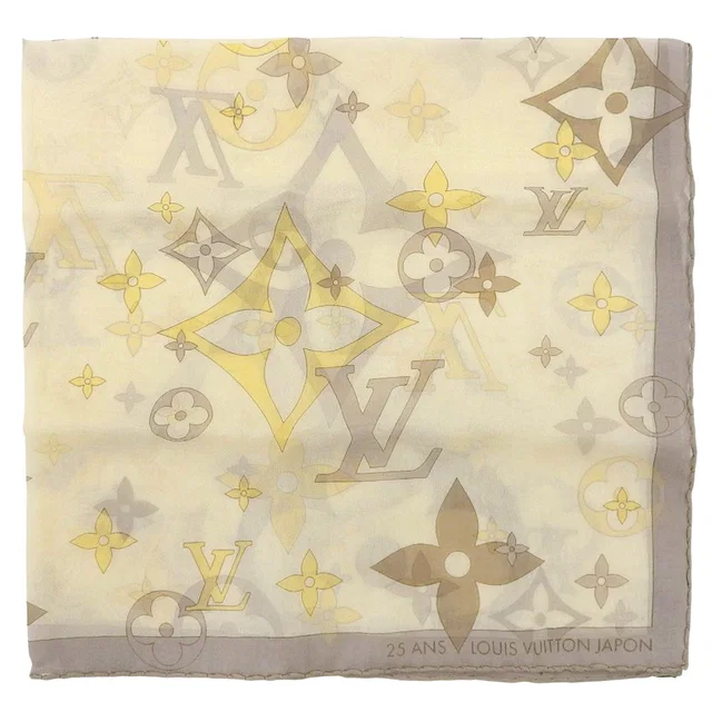 Louis Vuitton Monogram Pattern Scarf Gray/White/Yellow in White Silk from VINTAGE QOO TOKYO