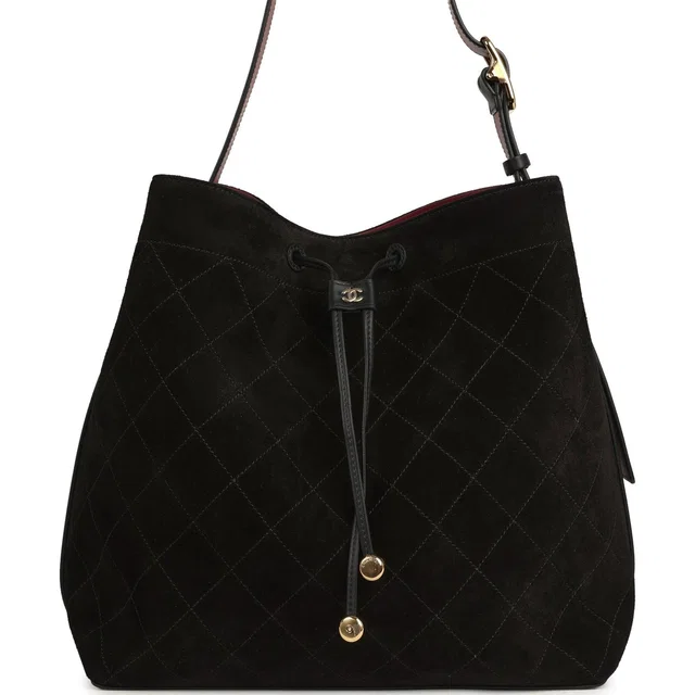 Chanel Large "CC Loop" Drawstring Bucket Bag in Black Suede from Madison Avenue Couture