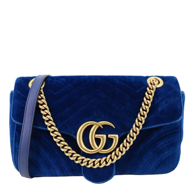 Gucci GG Marmont Small Matelasse Velvet Shoulder Bag Blue 443497 in Blue Velvet from Dallas Designer Handbags