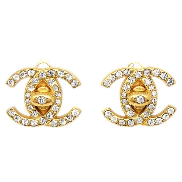 Chanel Rhinestone Turnlock Earrings Clip-On Small 96A from AMORE Vintage Tokyo