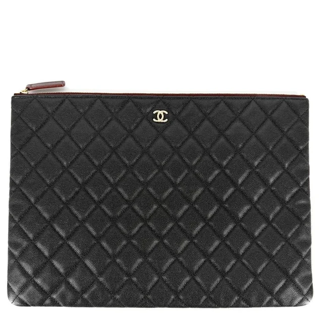 Chanel Clutch Quilted Second CC Logo Caviar Leather Black Gold in Black Caviar leather from The Reluxe