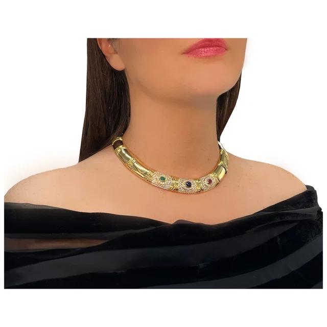 Bvlgari necklace in 18k with diamonds, ruby, emerald and sapphire in Green Yellow Gold from Gray And Sons