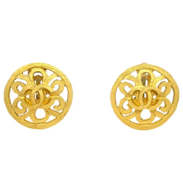Chanel 1995 Fretwork Paisley Round Earrings Clip-On Gold in Gold from AMORE Vintage Tokyo