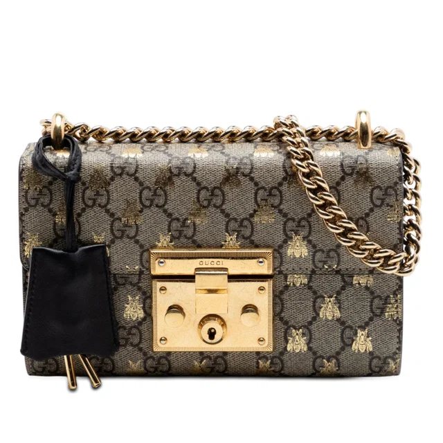 Black Gucci Small GG Supreme Bee Padlock Crossbody in Black Coated canvas from Designer Revival