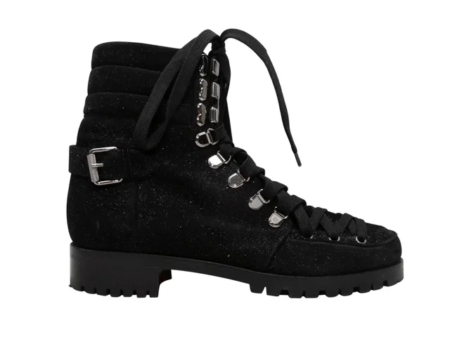 Black Christian Louboutin Glitter Suede Combat Boots Size 38.5 in Black Suede from Designer Revival
