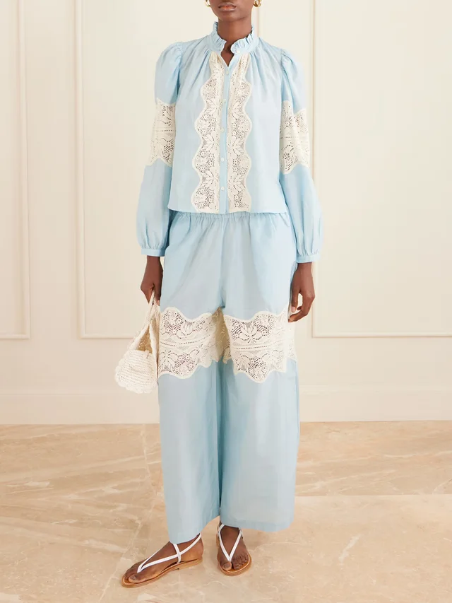 ALIX OF BOHEMIA Margie Sky lace-trimmed cotton and silk-blend wide leg pants in Blue, photo 2 of 2 from NET-A-PORTER (Canada)