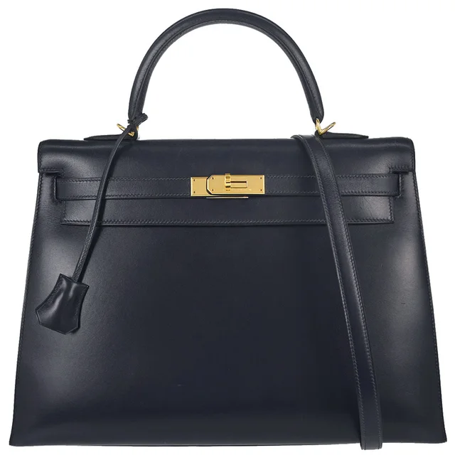 Hermès Blue Indigo Box Calf Kelly 35 Sellier 2way Shoulder Handbag in Blue Box leather from AMORE Vintage Tokyo