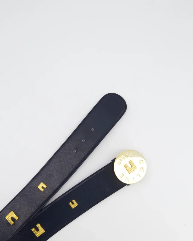 Celine 70cm Navy Blue Vintage Belt with Gold Arc de Triomphe Detailing in Navy Leather from Sellier, photo 6 of 6