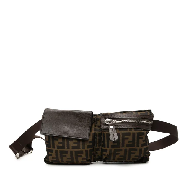 Brown Fendi Zucca Canvas Double Pocket Belt Bag in Brown Canvas from Designer Revival