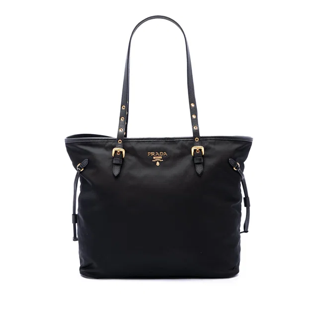 Black Prada Saffiano Trimmed Tessuto Tote in Black Saffiano leather from Designer Revival