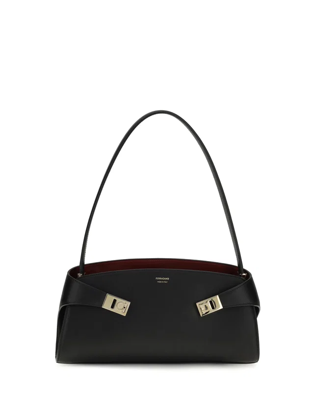 Ferragamo Hug Shoulder Bag — Black Calf Leather Bos Taurus in Black Calfskin from HEWI