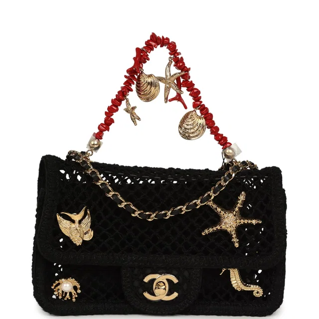 Chanel Small Coco Beach Macrame Charms Flap Bag Black Mesh Gold Hardware in Black Leather from Madison Avenue Couture