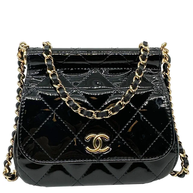 Chanel Frame Clutch Flap With Chain Quilted Patent Leather Crossbody Bag Black in Black Patent leather from Dallas Designer Handbags