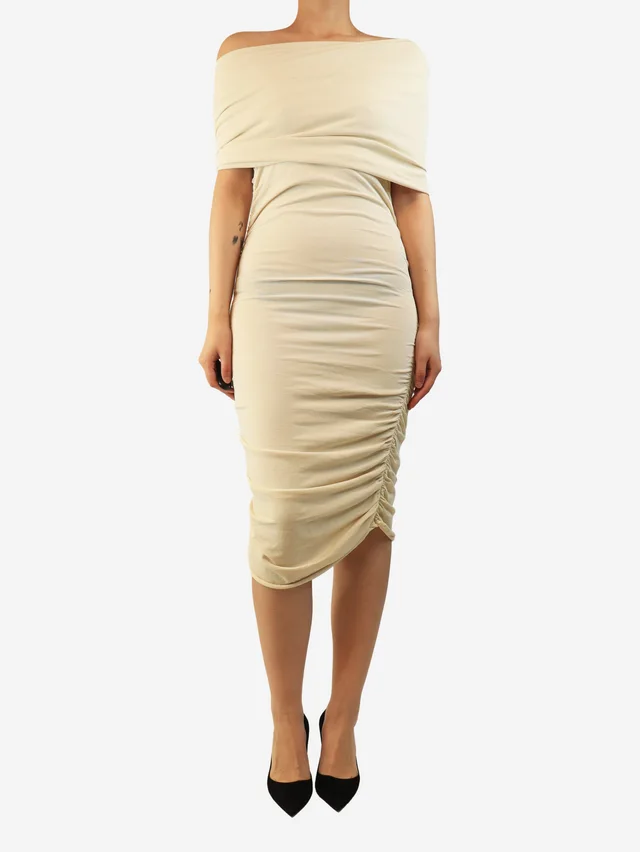 Khaite Cream Aerica off-shoulder drapped mini dress - size L in White from Sign of the Times
