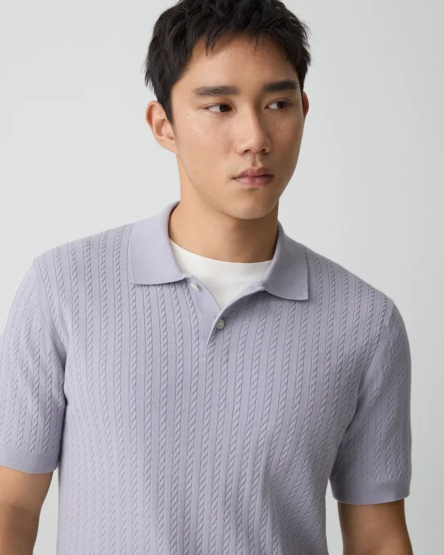 Theory Soris Cable-Knit Polo Shirt in Light Bilen in GRAY LILAC 62% Viscose, 38% Polyester; Exclusive Of Elastic, photo 11 of 12 from Theory