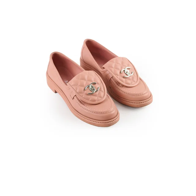 Chanel 21B Turnlock CC Quilted Tab Loafers Pink Lambskin in Pink Lambskin from The Purse Affair