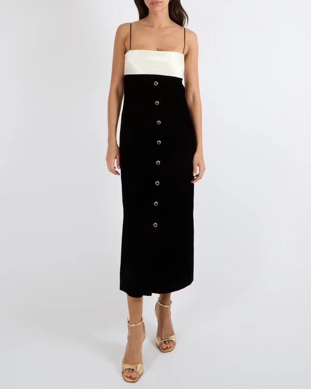 Miu Miu Black Velvet Maxi Dress with White Silk Top Detail and Gold and Black Buttons Size IT 40 (UK 8) in Black Velvet from Sellier
